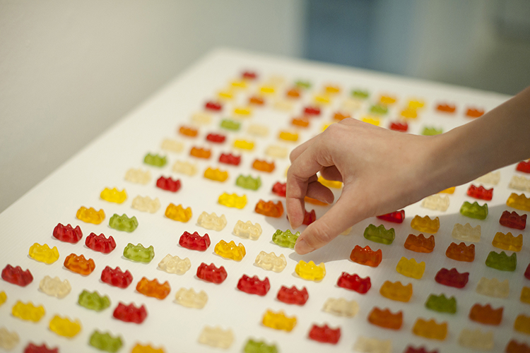Halal Gummy Bears (in green) were laid out among non-Halal ones at the Eating Together exhibition to challenge visitors to consider the care they needed to take in eating among others with dietary restrictions. A visitor pointed out how vegetarians were excluded from this installation because gummy bears contain beef gelatin. PHOTO: Clarence Aw