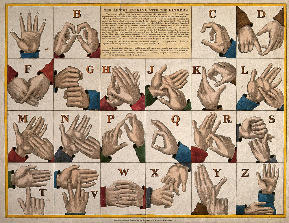 Hello Human: British sign language — 19th century poster. Credit: Wellcome Collection