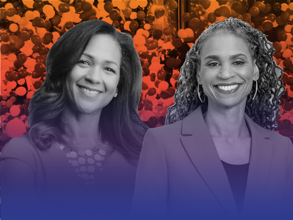 A black and white headshot of Aimee Allison and Maya Wiley against an orange gradient background