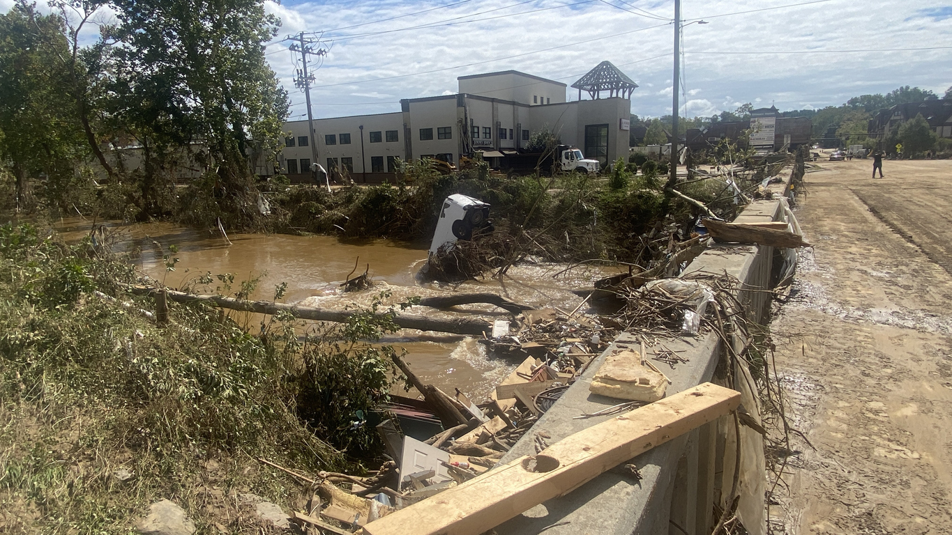 An image of hurricane aftermath, including mud-laden streets, fallen trees, and a car nose-down, halfway submerged in muddy water