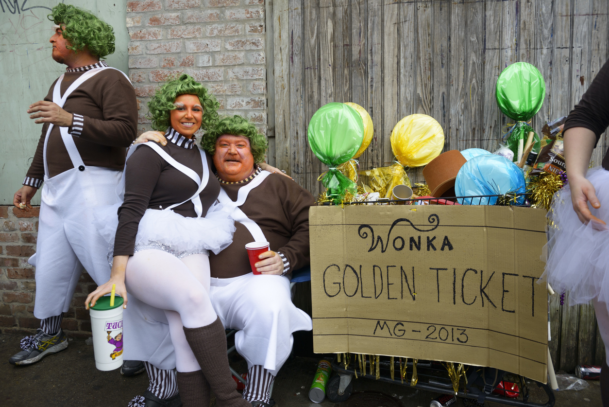 People wearing Willie Wonka costumes at Mardi Gras