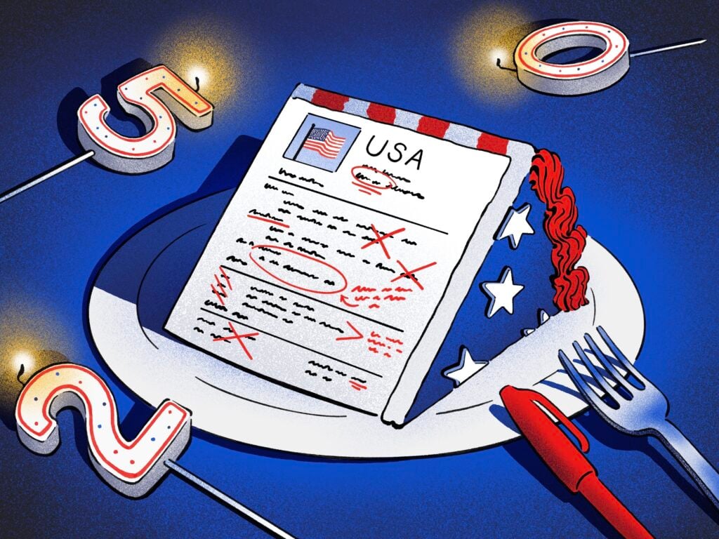 Illustration of a marked-up performance review labeled "USA" on a dinner plate, surrounded by lit 250-shaped candles, symbolizing a review of the United States at its 250th anniversary.